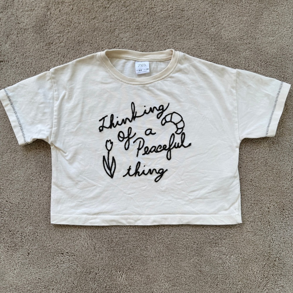 Zara Graphic T-Shirt Kids 8-9 Cream Good‎ Peaceful Thing Embroidered Croissant